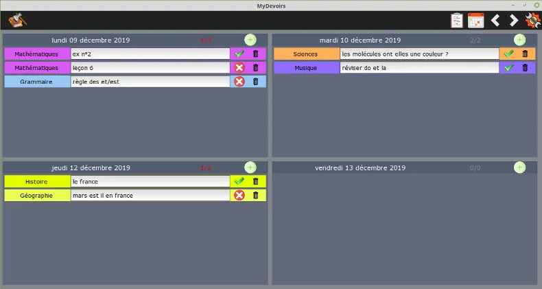 La vue agenda de MyDevoirs : les jours de la semaine côte à côte, chaque devoir écrit dans la couleur de sa matière.