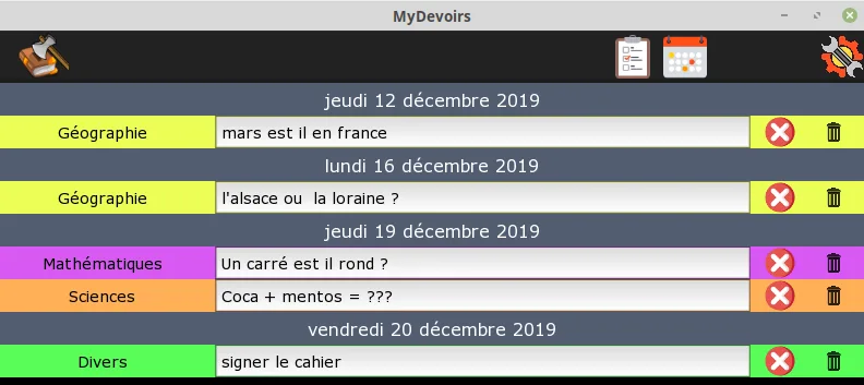 Vue liste des tâches : seuls les devoirs restant à faire sont affichés.